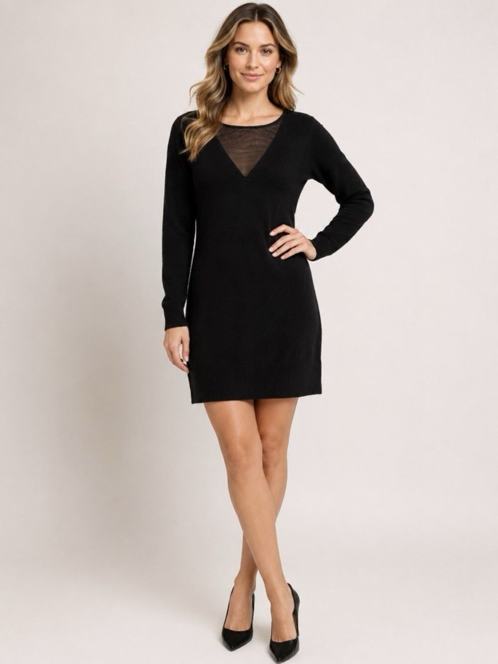 Club Monaco XS Extra Small Silk Trim Wool Knit Sweater Dress Black Long Sleeve